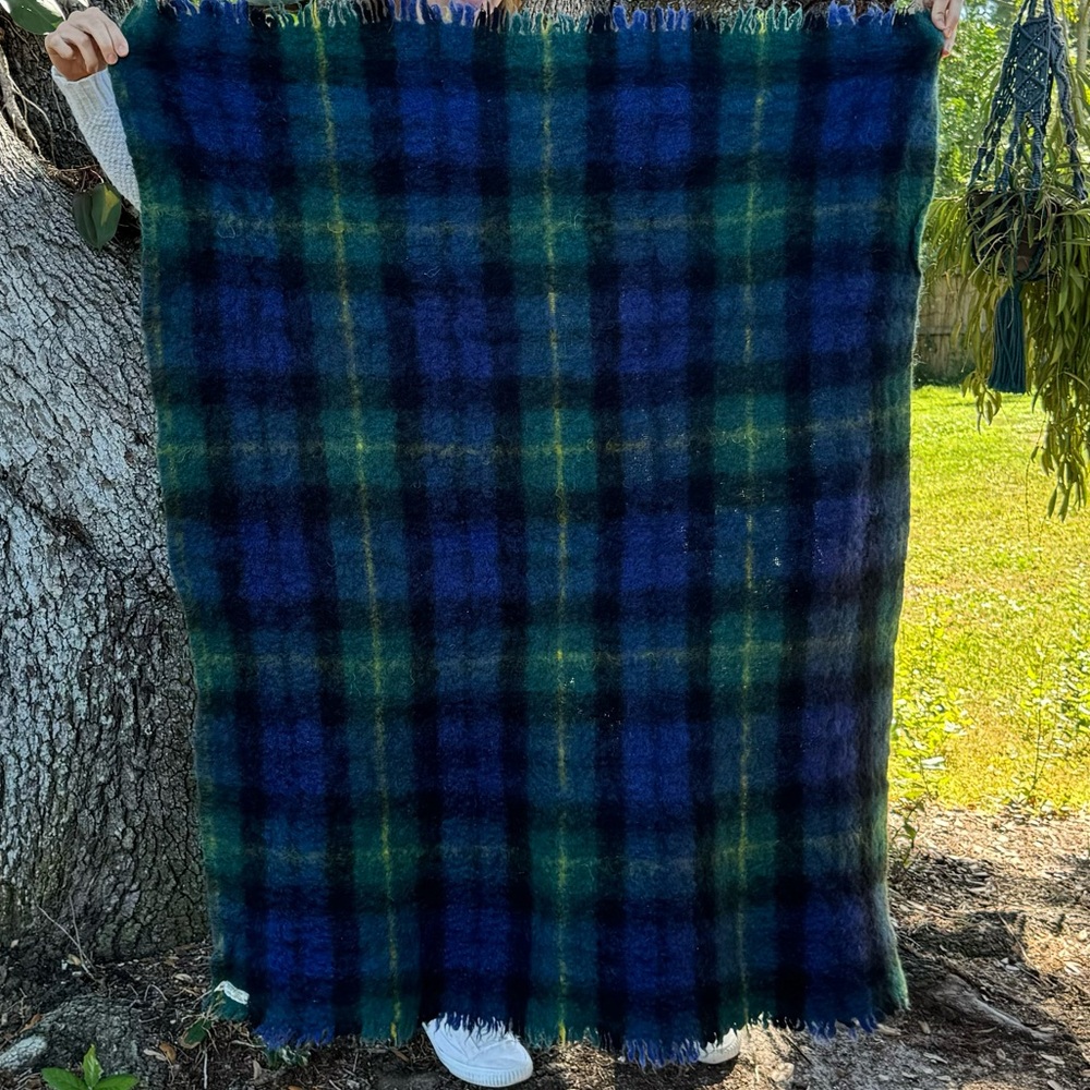 Vtg 75% Mohair Hilltop Brand blue and green plaid blanket.Handmade in Scotland